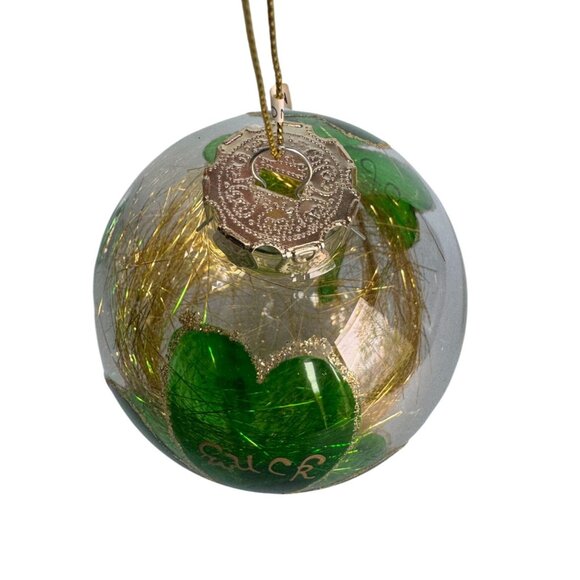Luck of the Irish Blown Glass Ornament with Gold Tinsel & Green Shamrock 4” - Picture 5 of 6